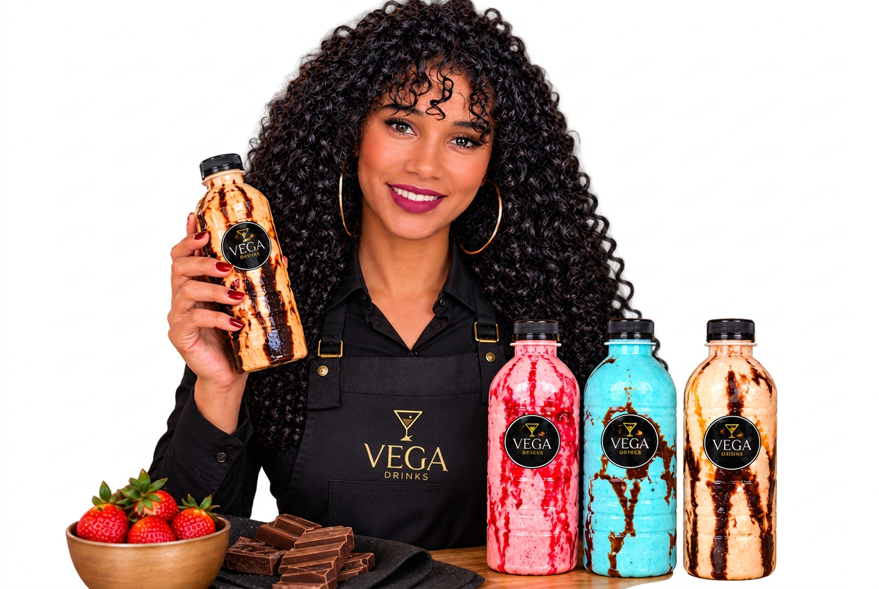 Érika Matos Barbosa, da Vega Drinks, com garrafas de batidas cremosas prontas para venda
