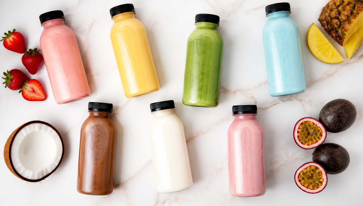 Cardápio de bebidas coloridas envasadas em garrafas com tampa preta