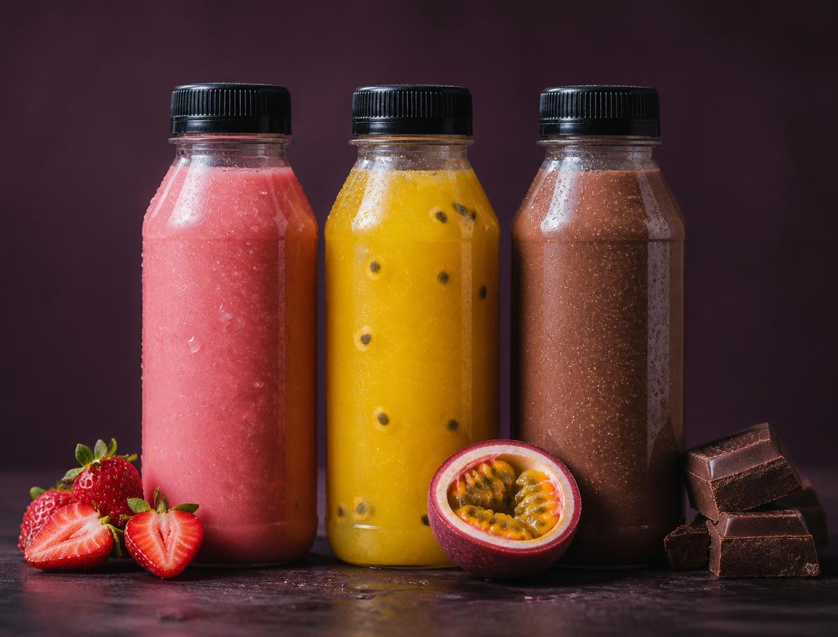Garrafas com batidas cremosas de morango, maracujá e chocolate